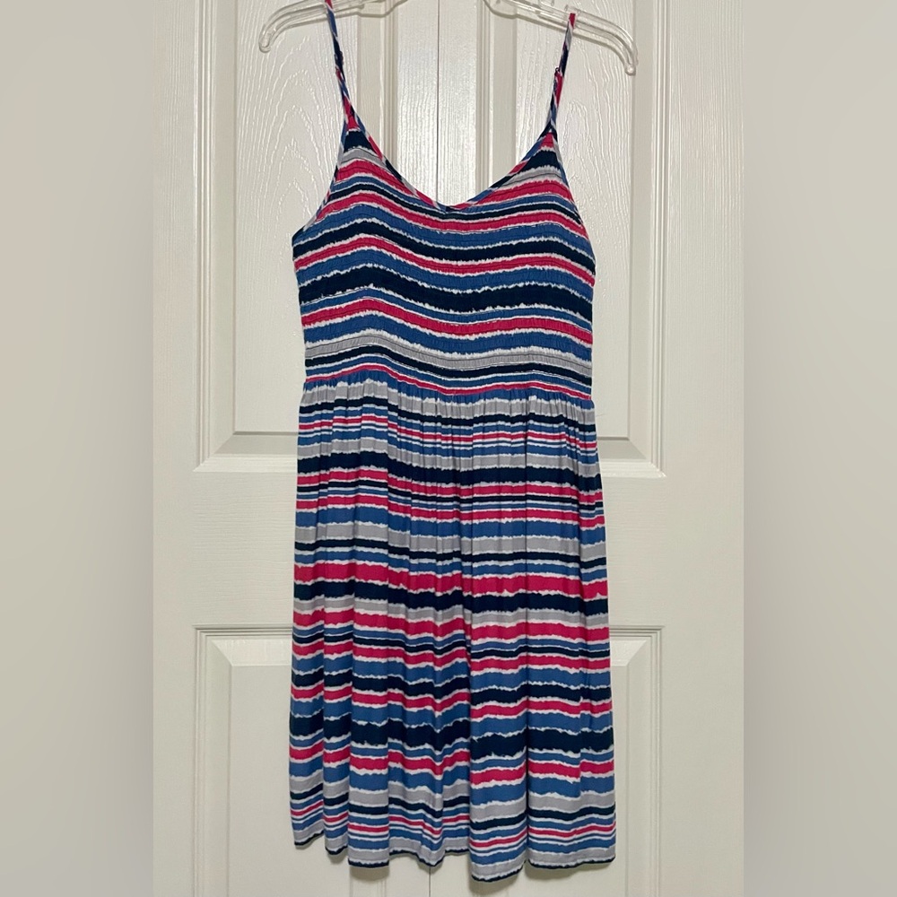 SO Sundress Size juniors XL Smocked BodiceBlue, pink, white, gray & navy stripes